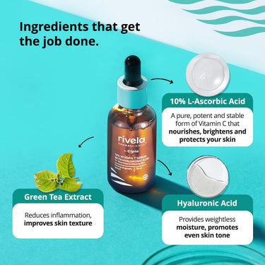 Rivela Dermascience By Cipla 10% Vitamin C Face Serum For Bright & Glowing Skin, Anti Ageing Formula With Hyaluronic Acid For All Skin Types, 30ml